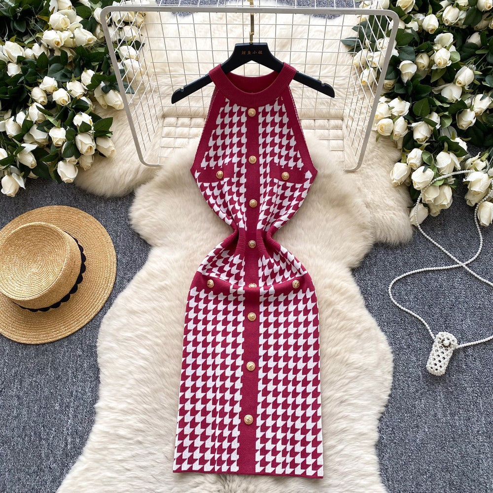 Sexy socialite accessible luxuryhalter sleeveless metal buckle silmknittingdress female french waist chidori grids skirt