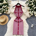 Sexy socialite accessible luxuryhalter sleeveless metal buckle silmknittingdress female french waist chidori grids skirt