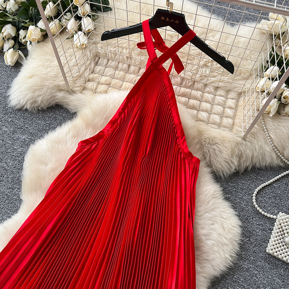 Vacation style red halterasymmetricaldress women's k-style high waistpleated skirt sleeveless a-line skirt classy sense