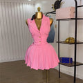 European and american cross-border women's fashion  summer new pink blazer collar button-down striped vest pleated midi skirt set