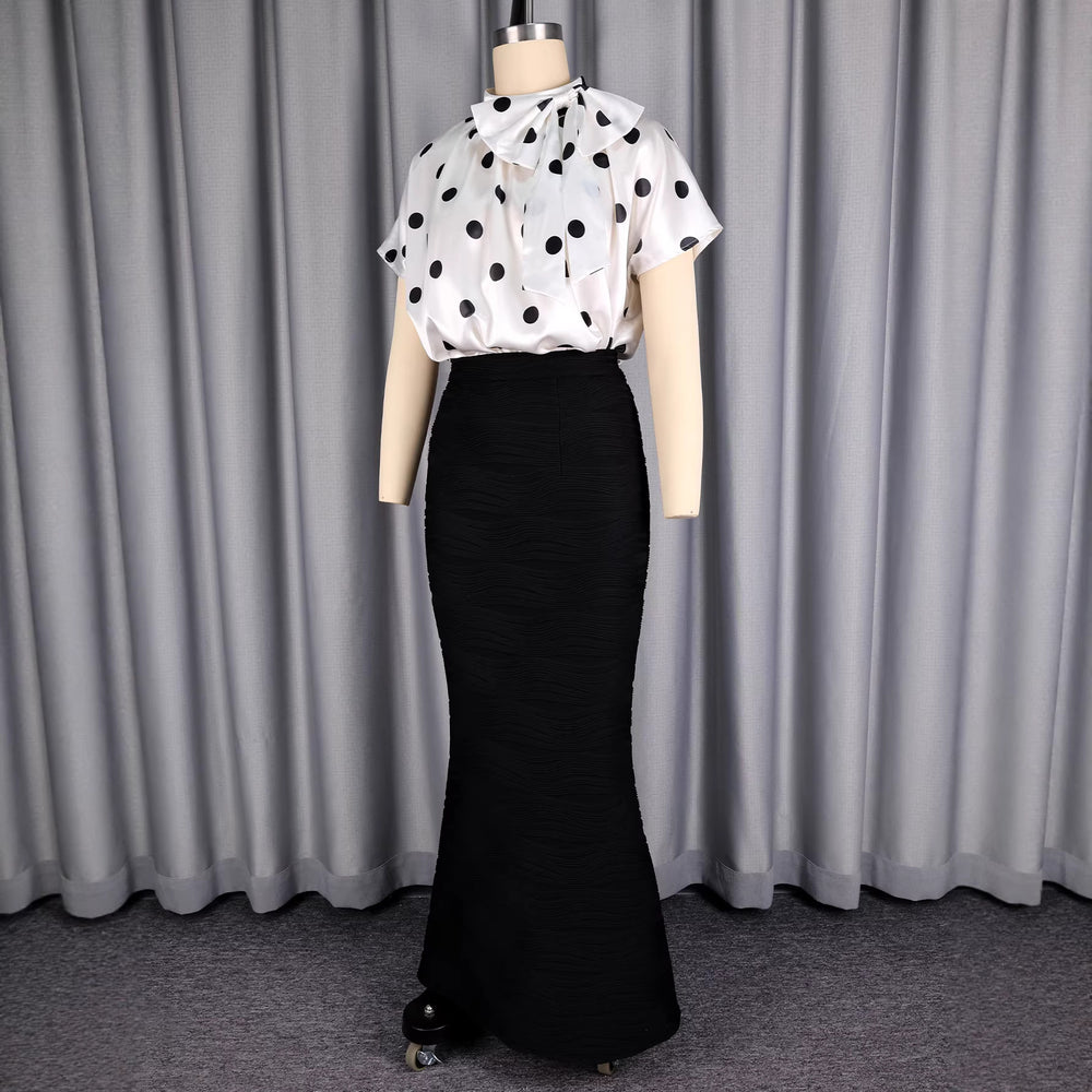 Simple polka dot top & slim-fit bodycon fishtail maxi skirt two-piece set - urban chic