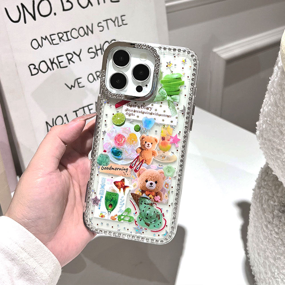Ice cream bear iphone 17 air glitter diamond star phone case, apple 16 pro diamond-studded protective cover, 15
