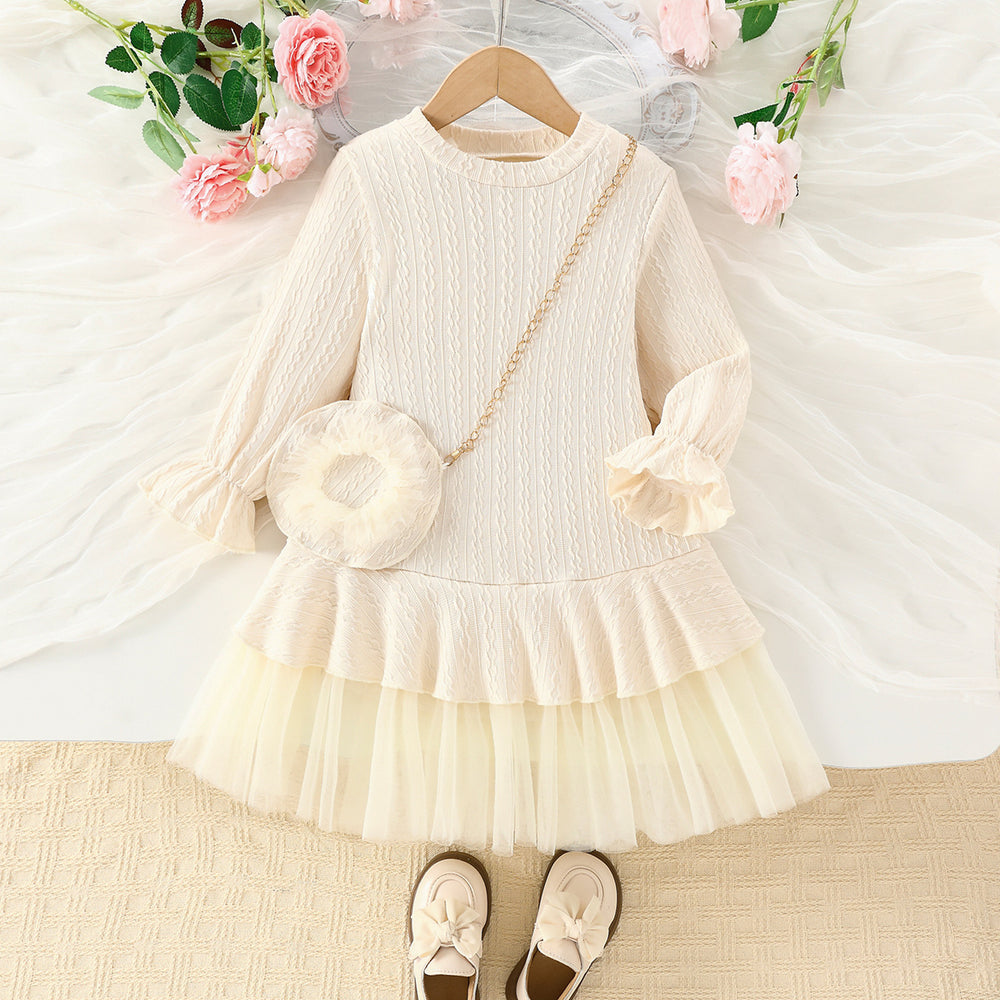 autumn girls' knitted dress with tulle lace trim, off-white, cute baby girl long-sleeve crew neck dress