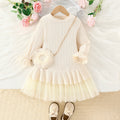 autumn girls' knitted dress with tulle lace trim, off-white, cute baby girl long-sleeve crew neck dress