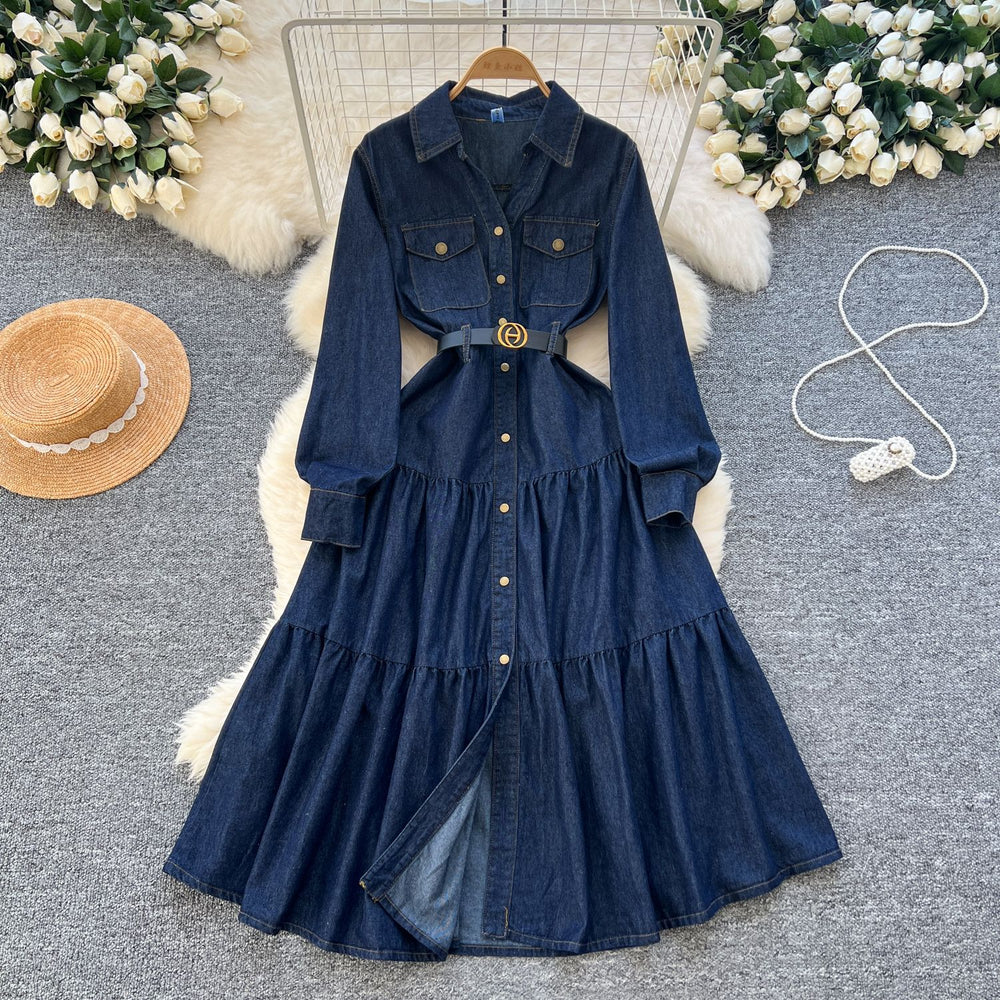 High-end elegant women's dress -  autumn new arrival: chic and graceful notch collar, single-breasted button closure, cinched waist denim midi dress