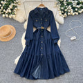 High-end elegant women's dress -  autumn new arrival: chic and graceful notch collar, single-breasted button closure, cinched waist denim midi dress