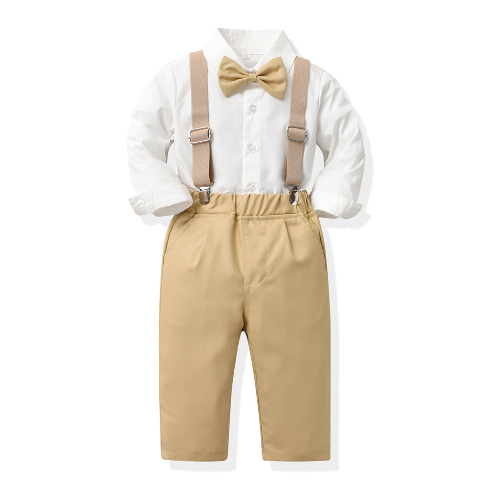 New british style boys' spring outfit: long-sleeved white shirt and suspender pants formal set - spring new arrivals for boys' clothing