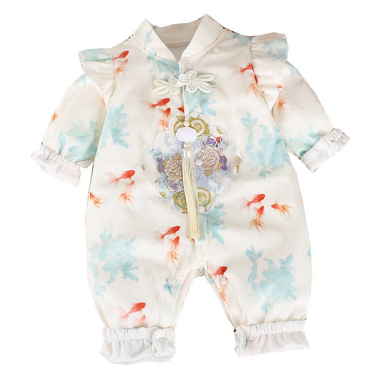 Chinese style autumn outfit for baby boys and girls: stylish hanfu romper for outdoor wear, autumn infant and toddler 100-day celebration, first birthday, super cute one-piece