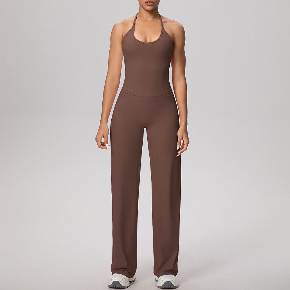 pure color brushed beautiful back tight strap halterhigh waist yoga suit sports running fitness two-piece set