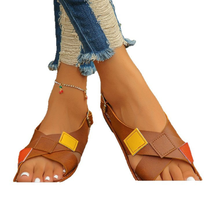 European and american plus size criss-cross strap flat sandals - women's retro color block wide band open toe beach sandals
