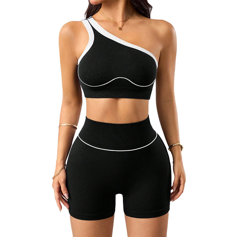 Seamless knit yoga set - cross-border single shoulder tank top & shorts - women's summer fitness stretch activewear set