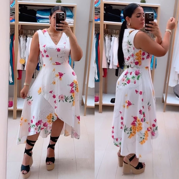 S10785 European and American, sexy printed waist V-neck sleeveless split summer dress