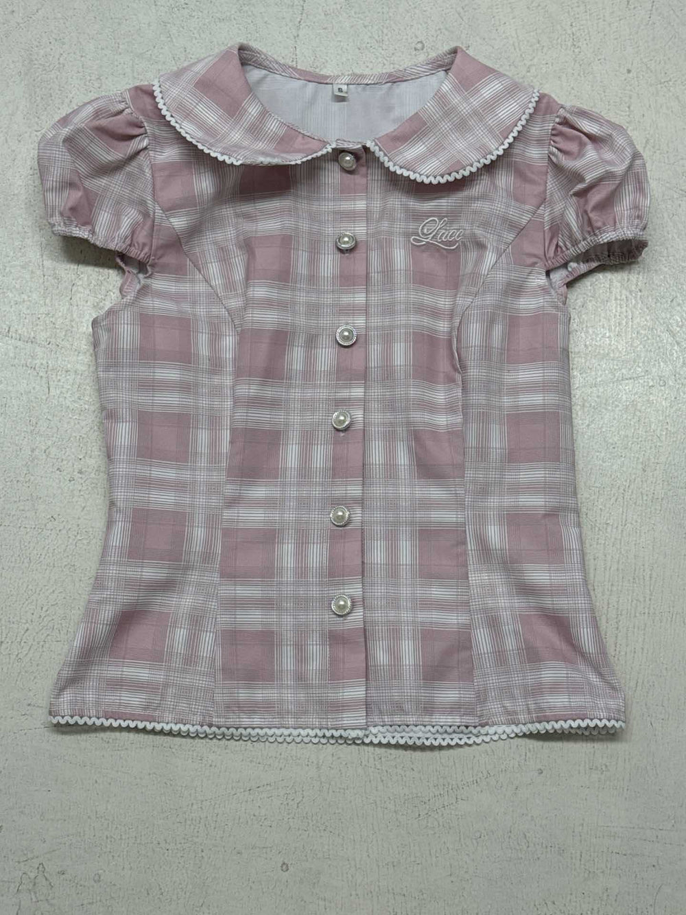 Cute style pink plaid puff sleeve shirred waist slimming short sleeve shirt women's small floral lace trim cropped top summer