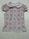 Cute style pink plaid puff sleeve shirred waist slimming short sleeve shirt women's small floral lace trim cropped top summer