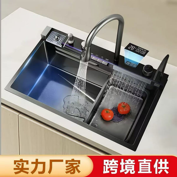 Whale Feiyu Waterfall Single Sink Kitchen Sink Digital Display Dishwashing Sink Nano 304 Stainless Steel Honeycomb Vegetable Washing Household