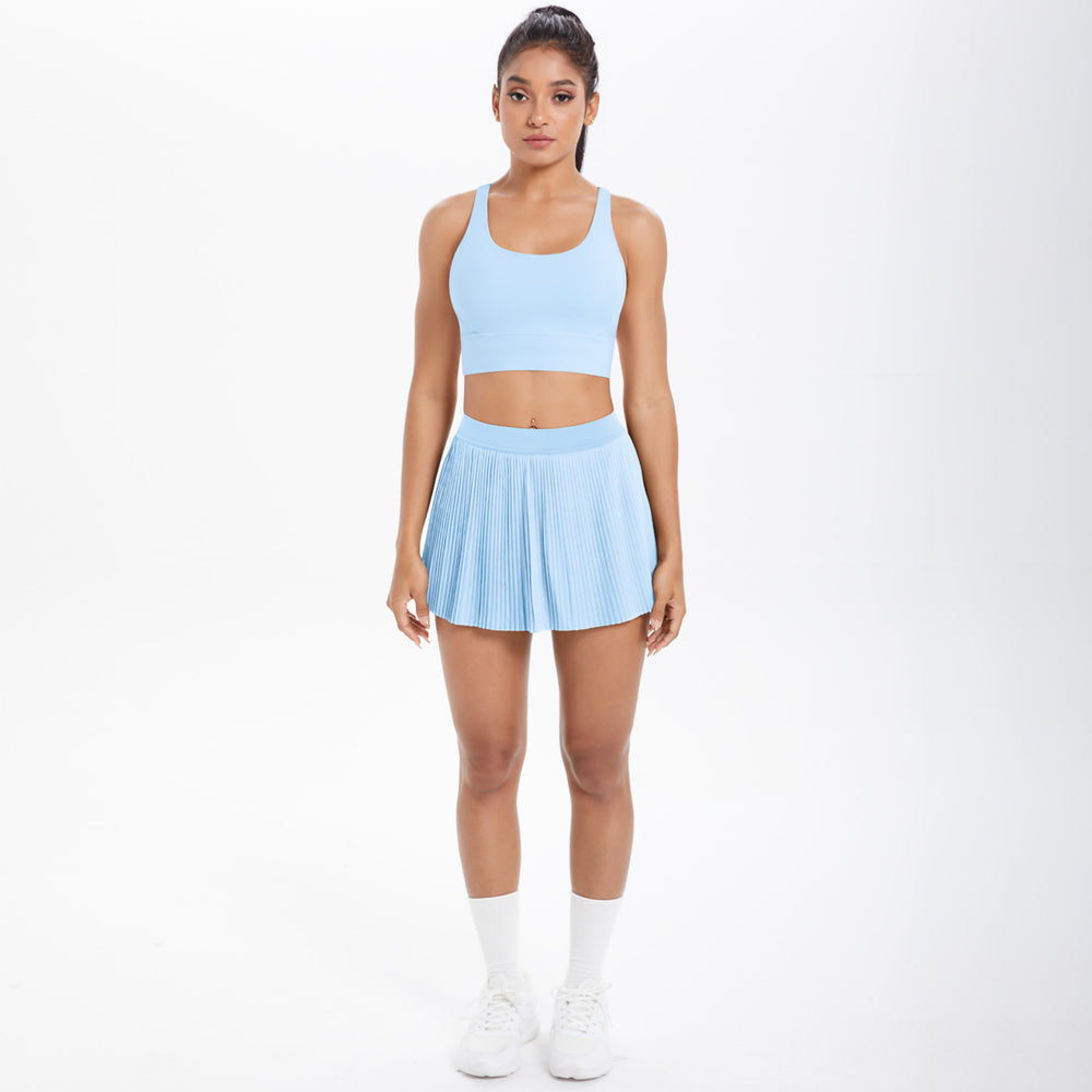 Cloud-feel quick-dry breathable anti-exposure undershirt tennis pleated skirt sports bra set for women's running, fitness, and yoga