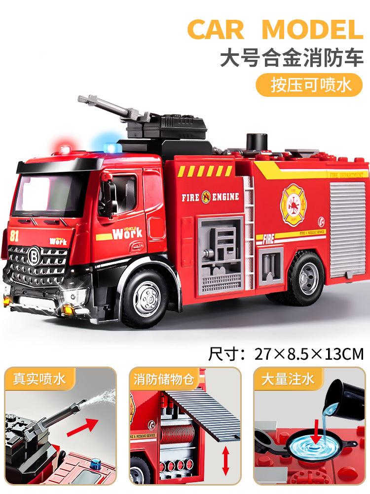 Kids' large fire truck toy - boy's alloy firefighter car with water spray, sprinkler, ladder, and rescue functions