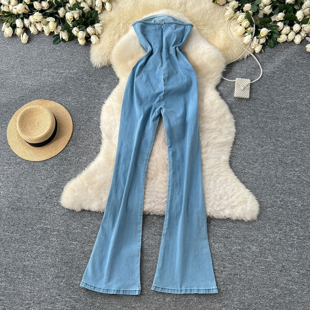 Spring and summer fashionins heavy industry stereo flower sleeveless tube top waist silm denim jumpsuit flared pants for women