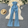Spring and summer fashionins heavy industry stereo flower sleeveless tube top waist silm denim jumpsuit flared pants for women