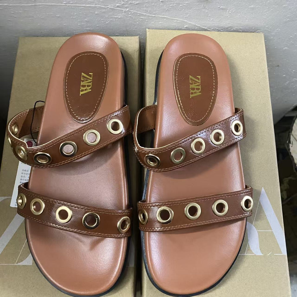 Za2025 new black women's french-style clog sandals with copper buckle detail, chunky sole, open toe, single strap, low heel, and hole design