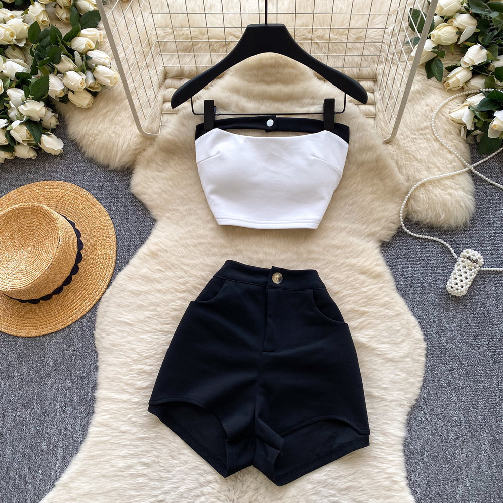 Lazy style contrast colortube top vest high waistshortstwo-piece set female summer popular fashionslimming looksexywork clothingsuit