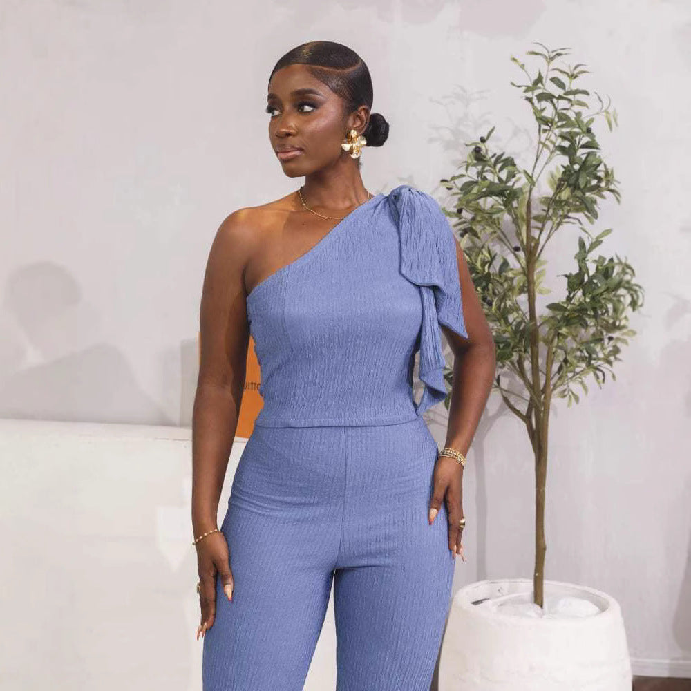 European and american cross-border women's fashion:  autumn/winter new collection - solid color sleeveless slant neck top and slim-fit high-waisted pants two-piece set
