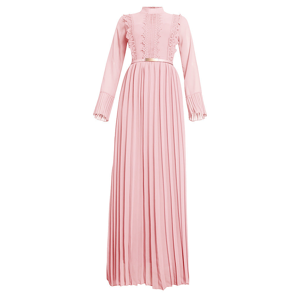 African women's fashion: elegant commute-ready long sleeve chiffon pleated midi dress with belt