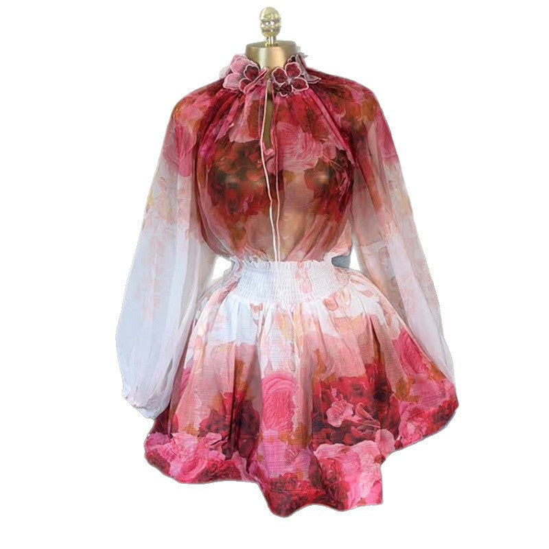 European and american cross-border women's fashion  autumn new collection: elegant oil painting floral print puff sleeve blouse and high-waisted midi skirt set