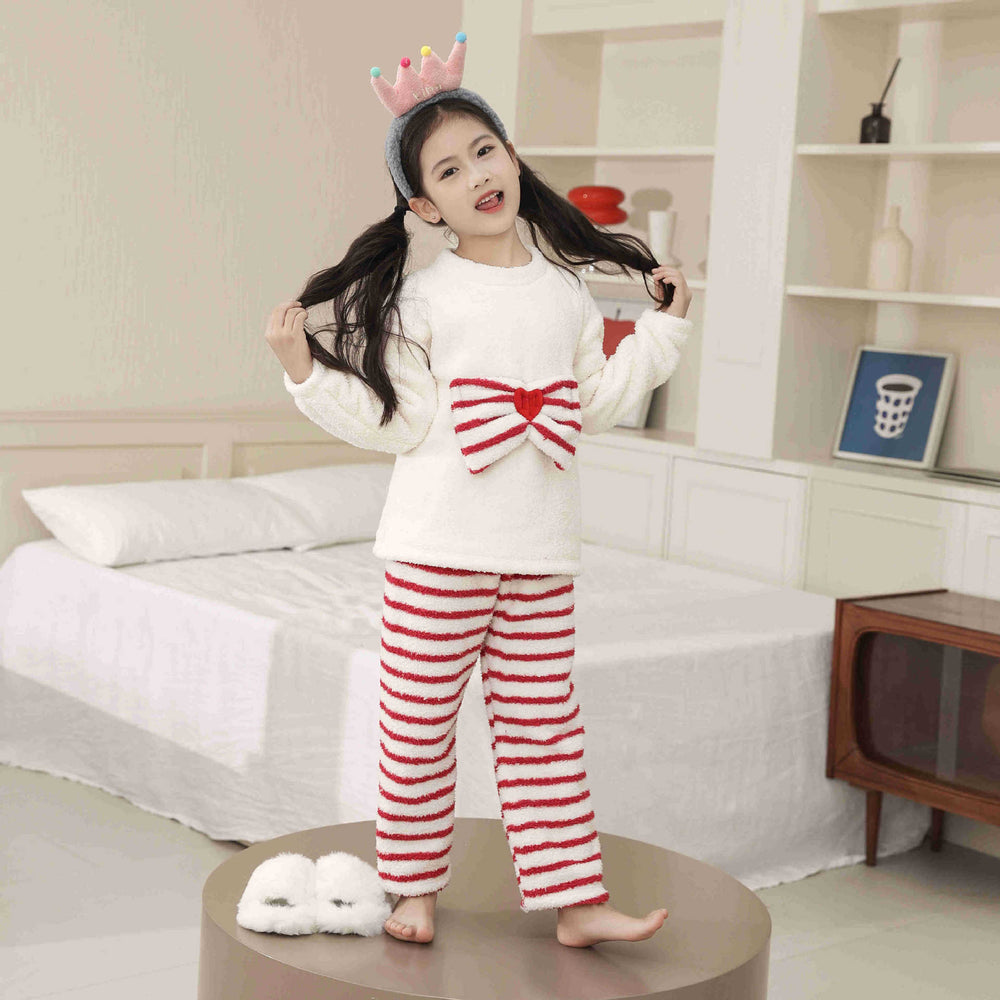 Girls' sweet bowknot pajama set for toddlers and big kids - new autumn/winter warm half-fleece loungewear