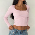 European and american style  new solid color bowknot lace cropped t-shirt, fashionable versatile long sleeve slim fit top for women