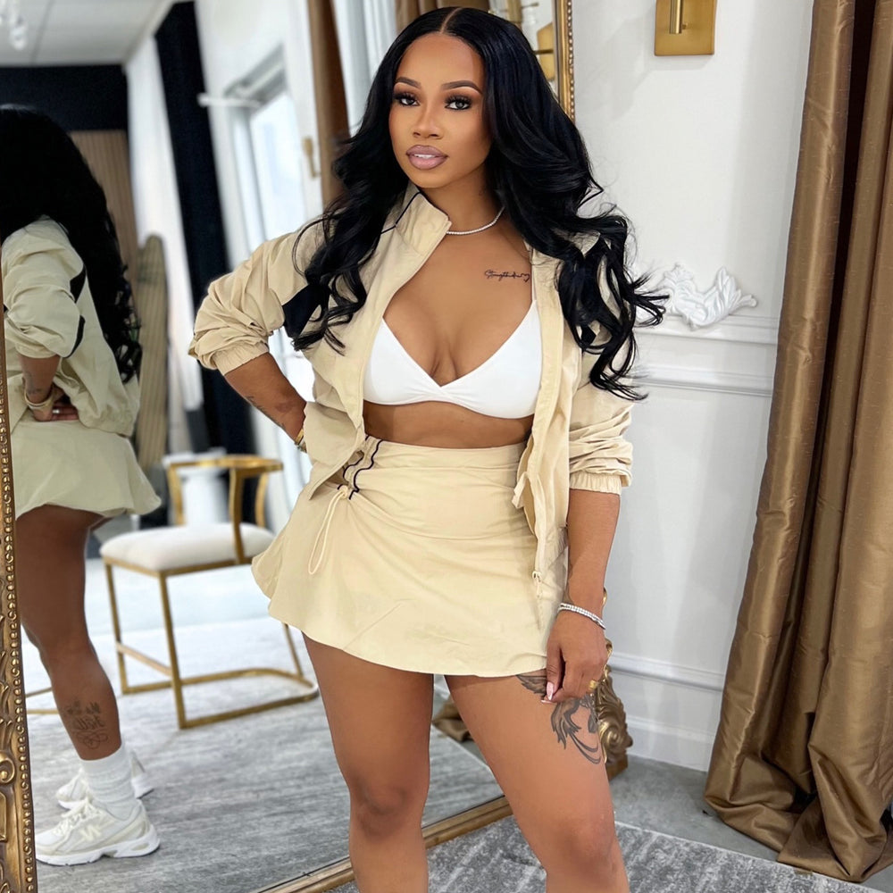 Long sleeves zipper contrast color stand collar jacket drawstring pleated culottes women's two-piece settwo-piece set outfit