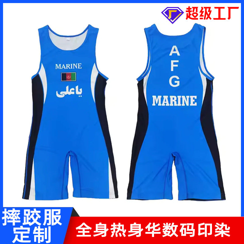 Sublimation full body print men's one-piece wrestling suit custom match weightlifting suit men's and women's free wrestling one-piece vest