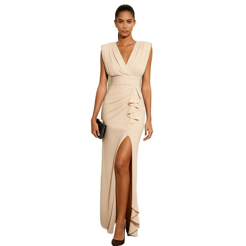 Independent station  pure colorcasualv neck sleeveless slit dress