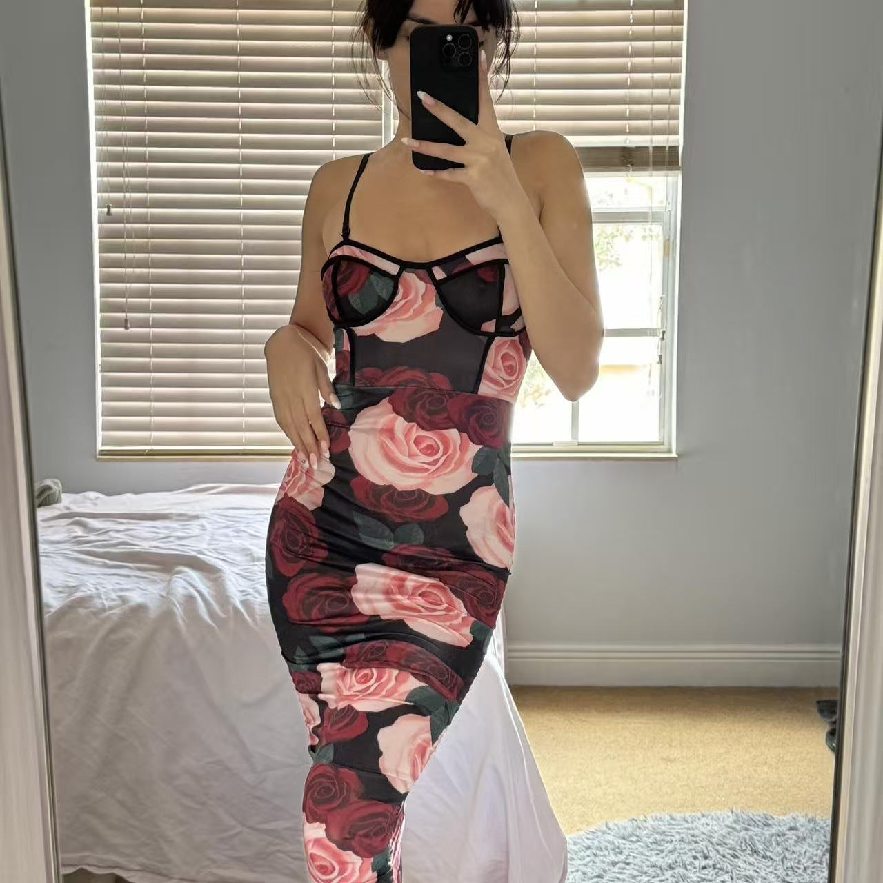 Sexy tube top off shoulder dress pure desire wind suspender floral hip skirt rose print slim waist skirt wholesale