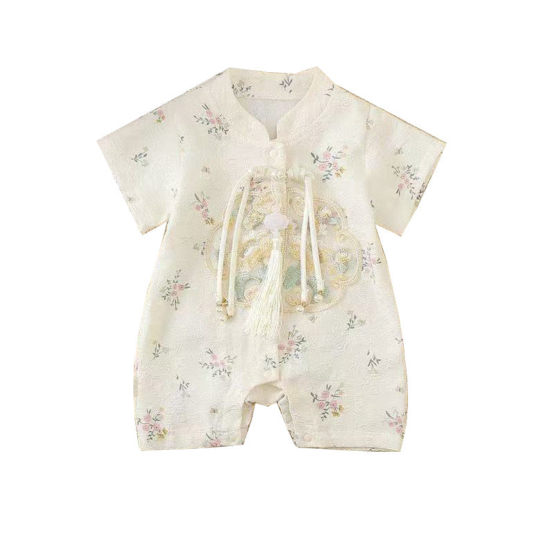 Infant chinese style romper - summer lightweight hanfu style - perfect for full month, first birthday, and baby shower - trendy bodysuit/rouge