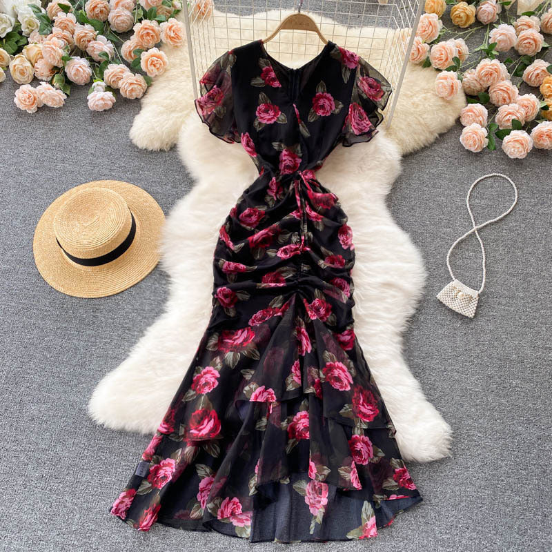new luxury chic chiffon printed dress - elegant ruffle hem mermaid gown - slimming women's dress