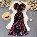 new luxury chic chiffon printed dress - elegant ruffle hem mermaid gown - slimming women's dress