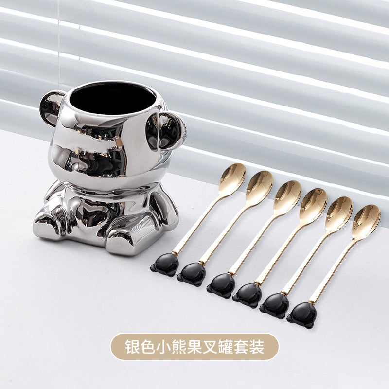 Ceramic bear stainless steel fruit fork set - stylish fruit picks, home use, light luxury forks and spoons, wholesale fruit forks