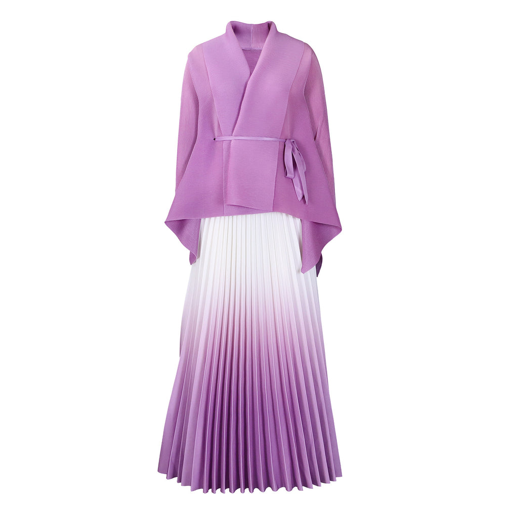 C8610 african plus size women's spring new fashion tie-up batwing sleeve top and gradient color midi skirt two-piece set