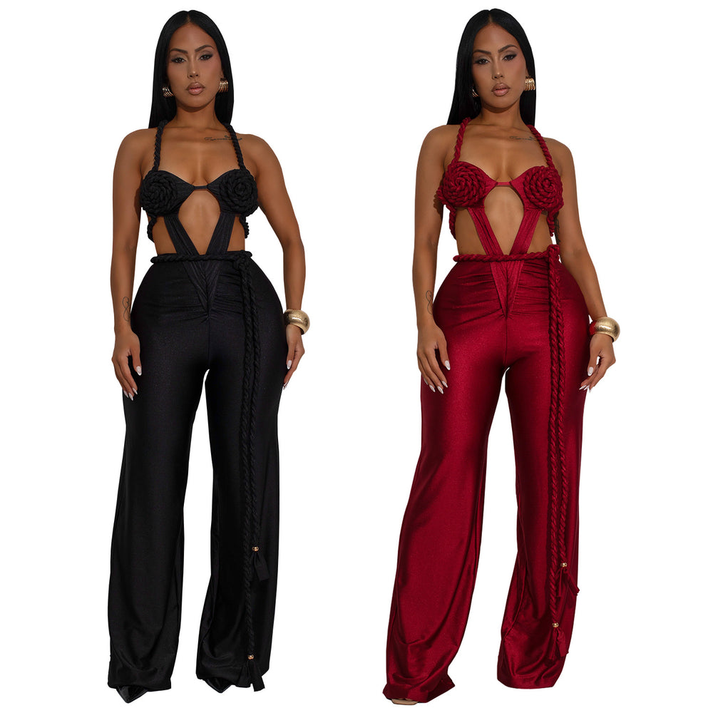 C7557 cross-border   fashion women's solid color sexy bandeau backless tie-up jumpsuit