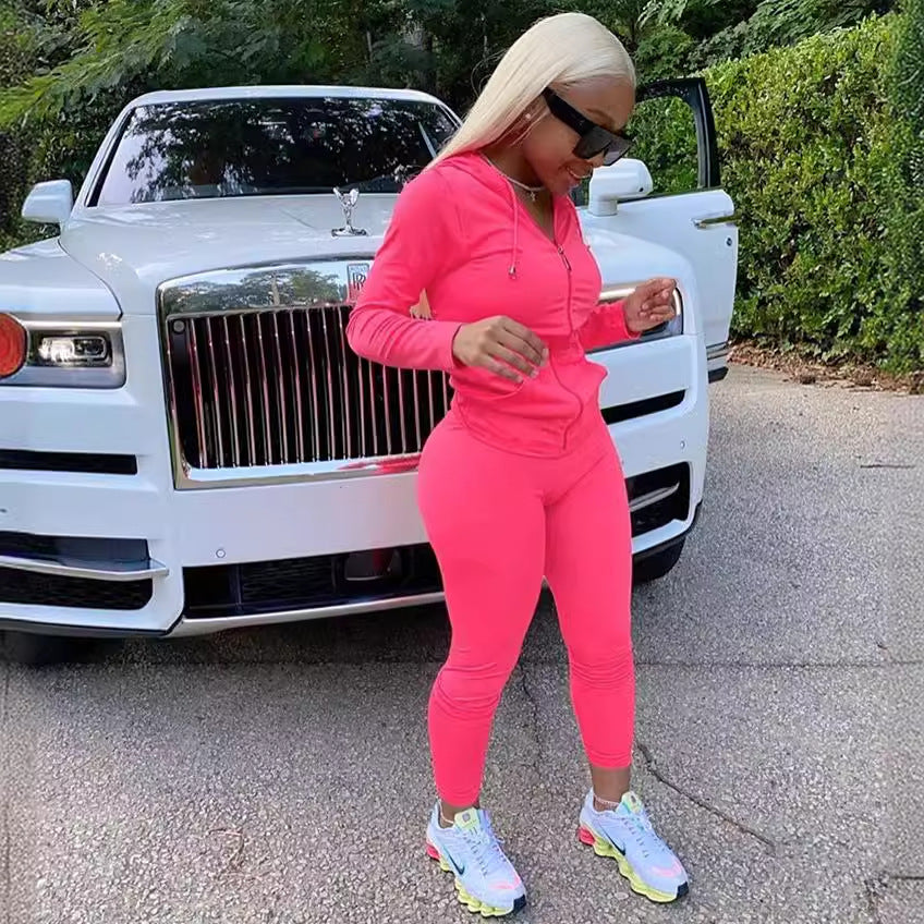 Europe station new 2024  isn spring European and American women's hooded cardigan slim sports and leisure suit