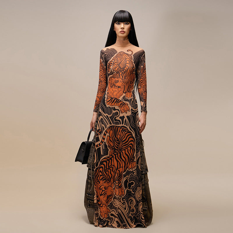 Europe, America 2025 new spring women's clothing personalized trend fashion printing semi-turtleneck mesh long high split top