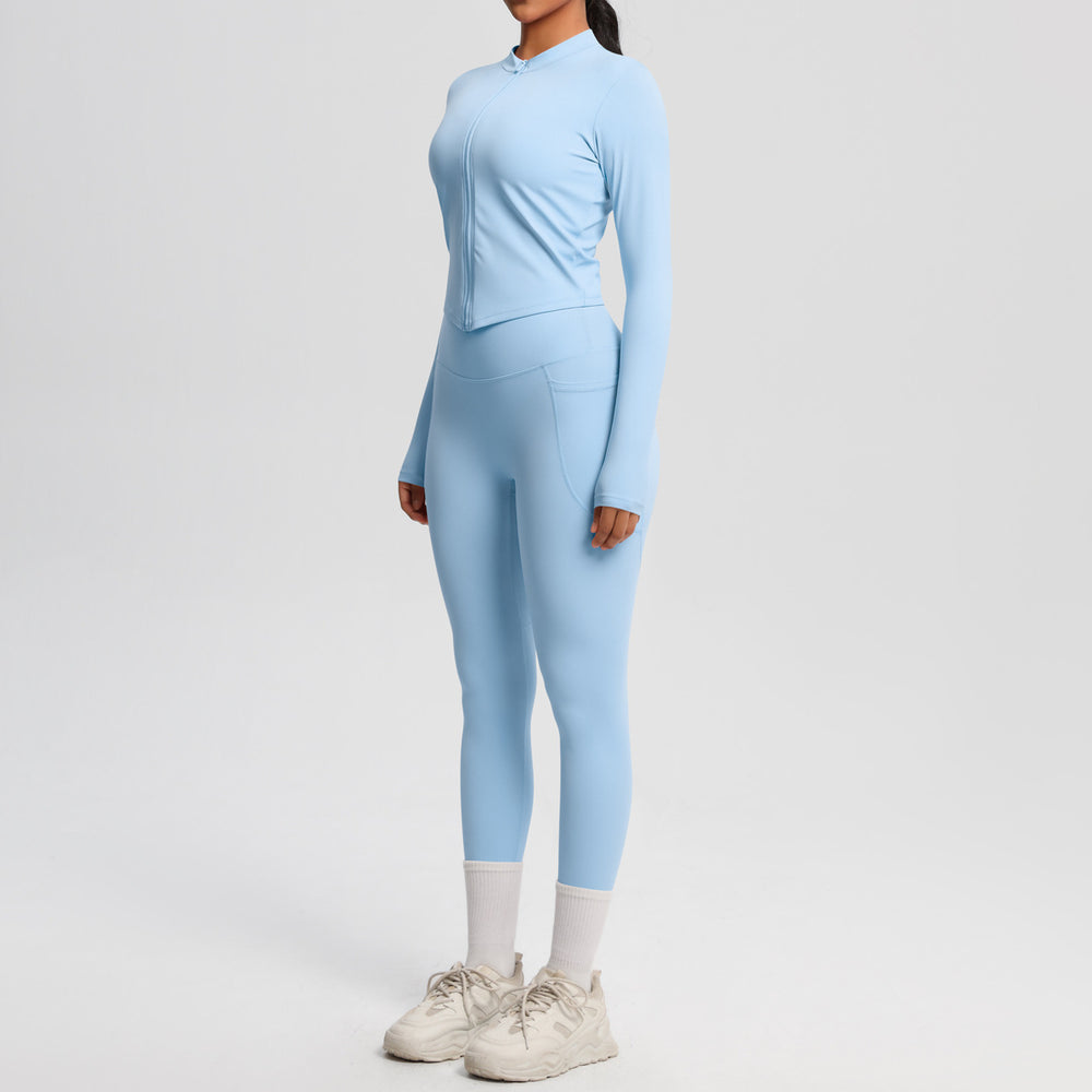nude double-sided brushed tight long sleeves yoga suit outdoor running slimming look fitness pants sports suit women