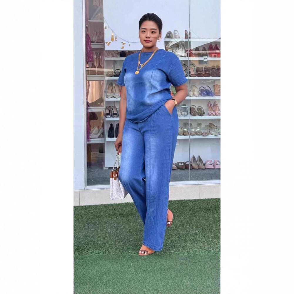 Fashionexport cross-border   new arrivalfashion washed blue loose short-sleeved denim women's suit trendy