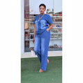 Fashionexport cross-border   new arrivalfashion washed blue loose short-sleeved denim women's suit trendy