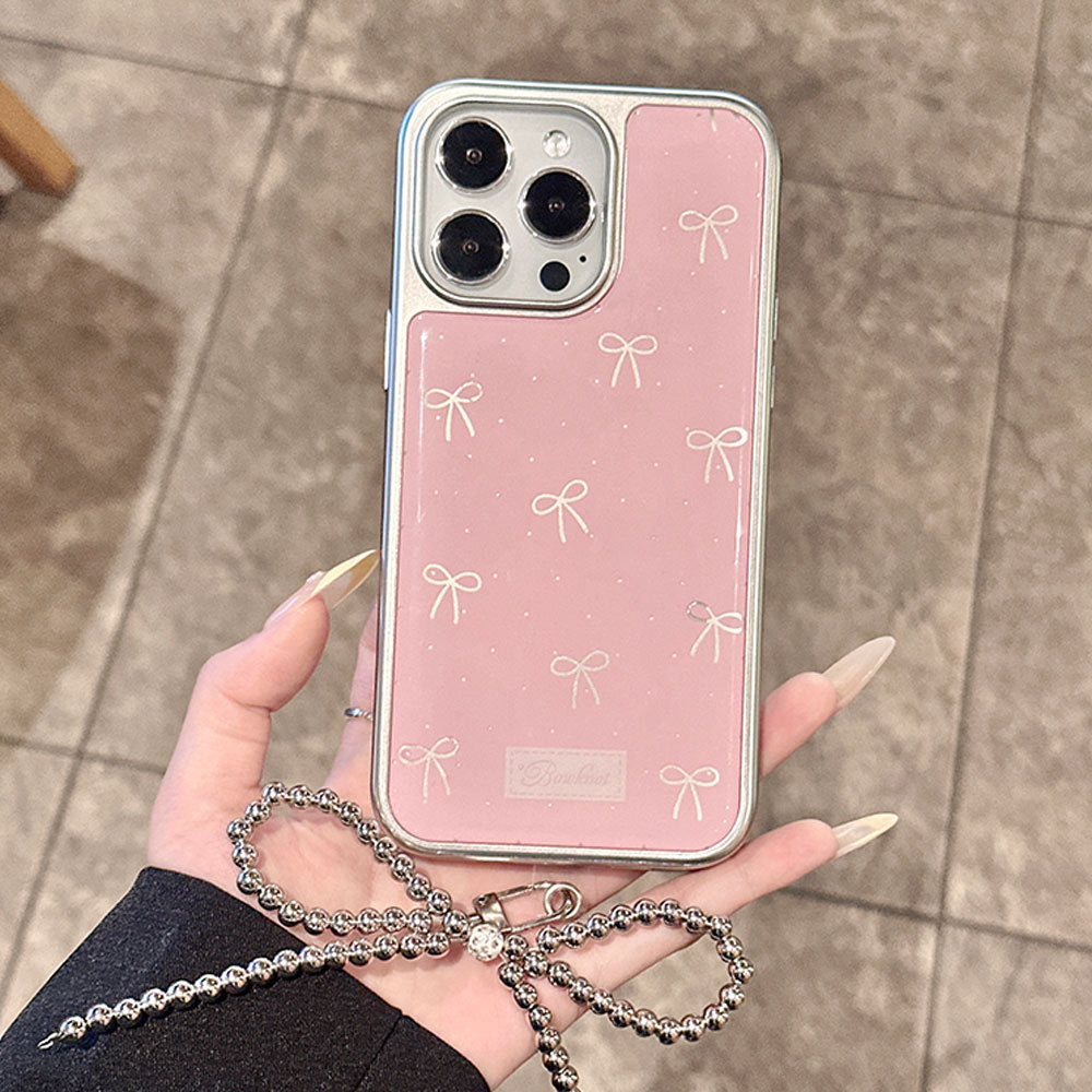 Bowknot pink iphone 16 pro max electroplated phone case, apple 15 silver edge epoxy 14 protective cover