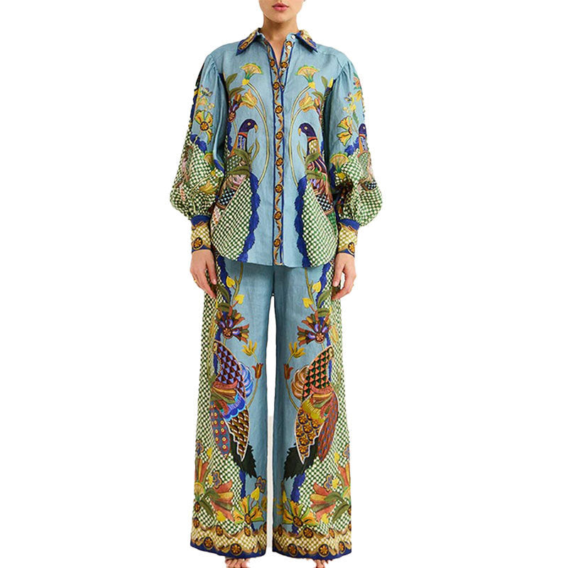 cross-border e-commerce european and american women's summer new arrivals: printed lantern sleeve wide-leg pants casual fashion set 661