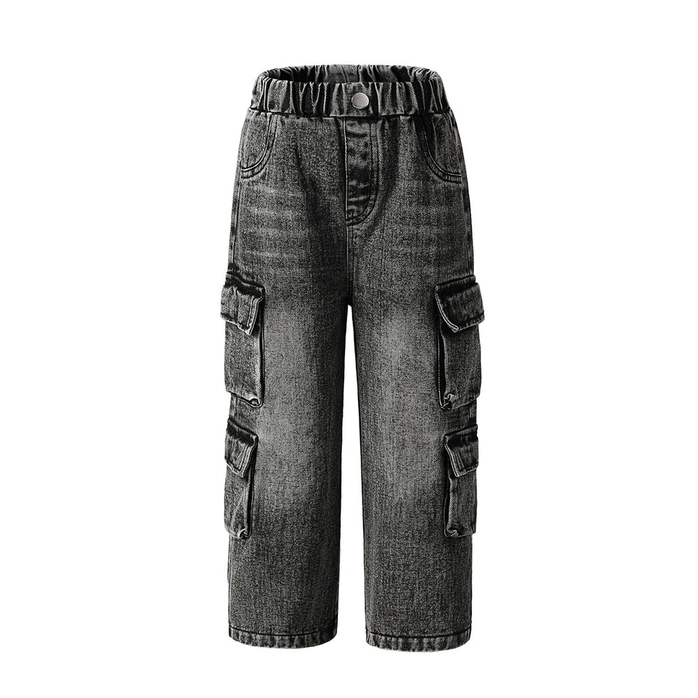 Export kids pants distressed jeans k-style multi-flap pocket pantsloose cool girlstraight-legretroloose pants