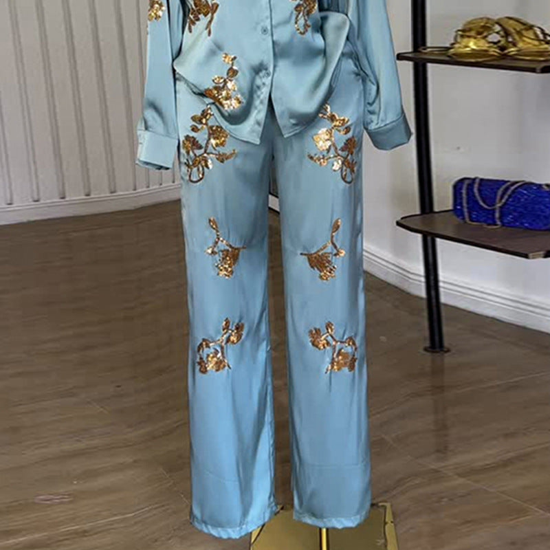 European and american cross-border women's fashion:  autumn new collection - stylish turn-down collar long-sleeve shirt and high-waisted pants set