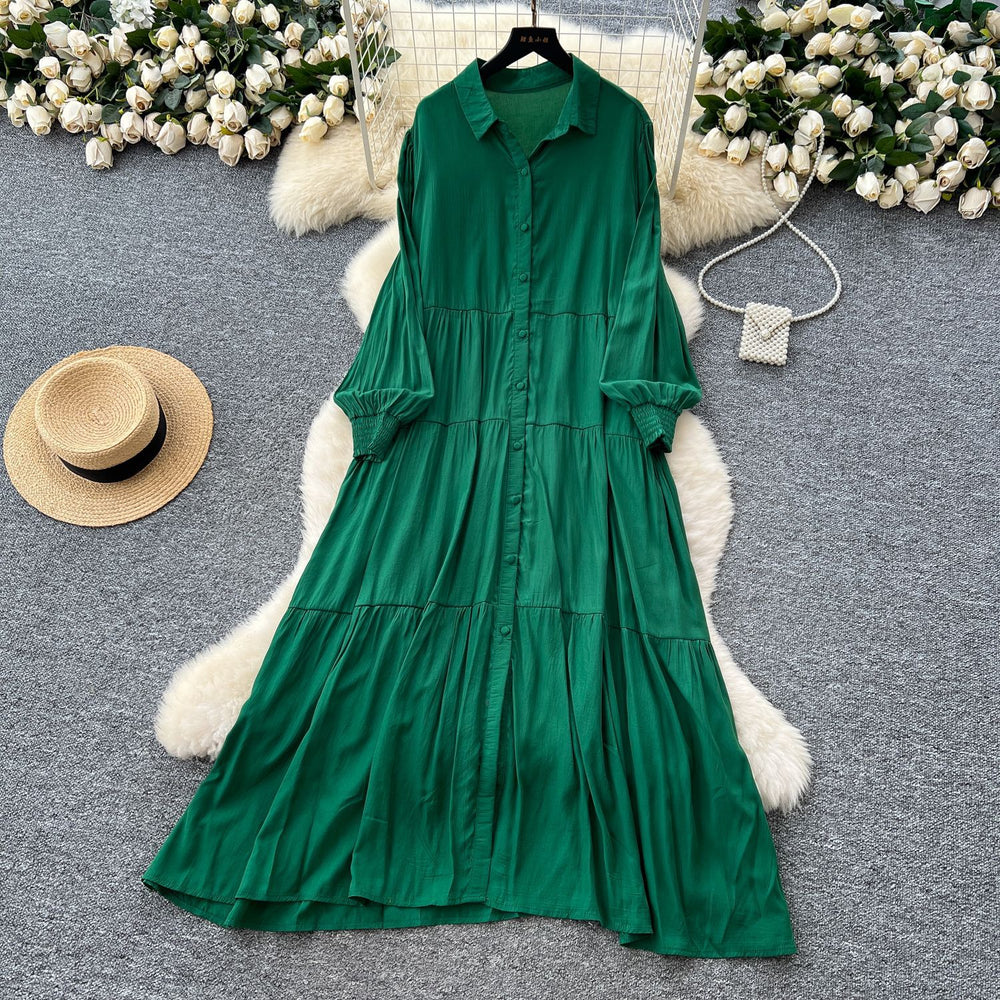 Luxury french style polo neck lantern sleeve shirt dress - women's summer tie-waist maxi dress - ethereal & stunning elegant long dress